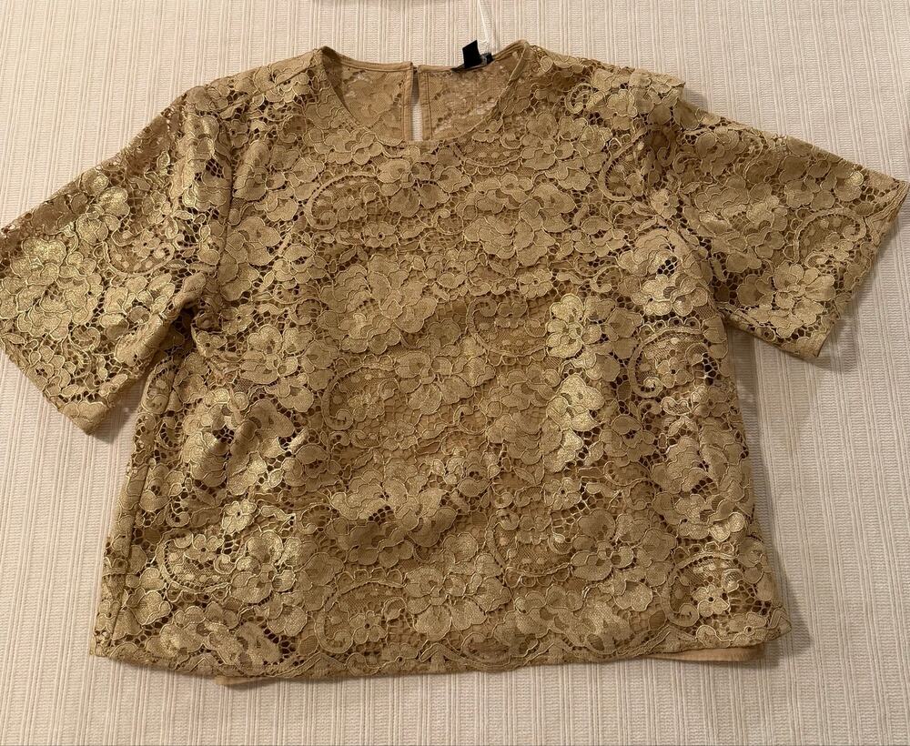 Ann Taylor Metallic Cherie Gold Lace Blouse M NWT